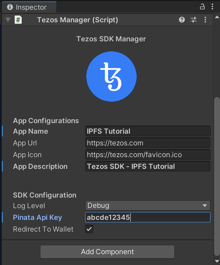 Adding the Pinata API key to the TezosManager object