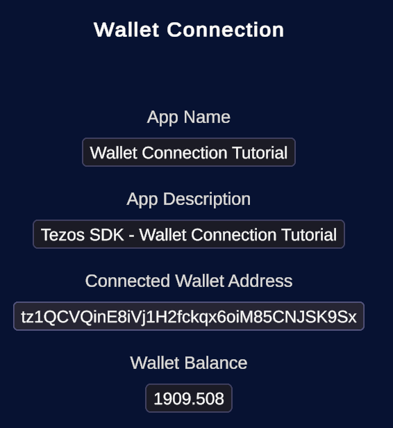 The WalletConnection scene with a connected account